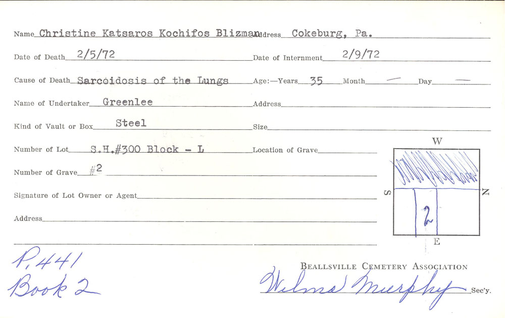 Christine Kochifos Blizman burial card